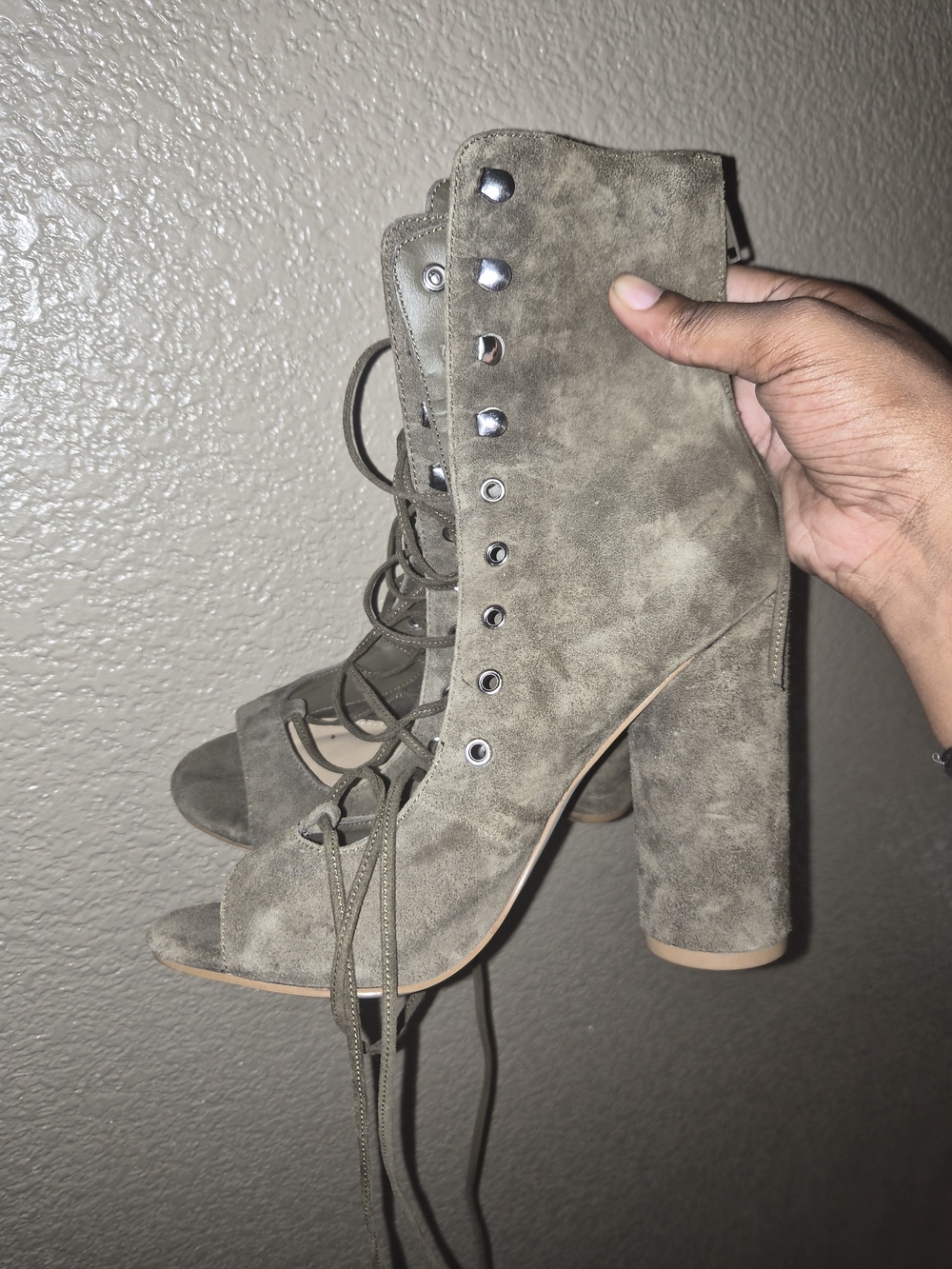 Steve Madden Olive Green Lace-Up Peep Toe Block Heel Booties